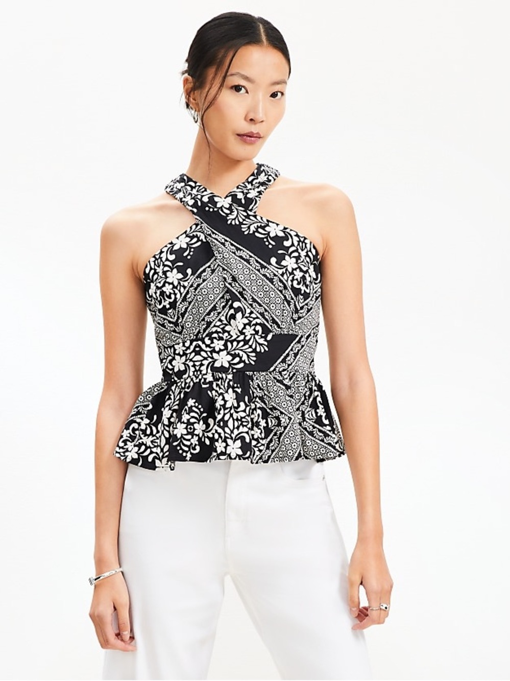 LOFT Black & White Floral Halter Peplum Top - Picture 2 of 12